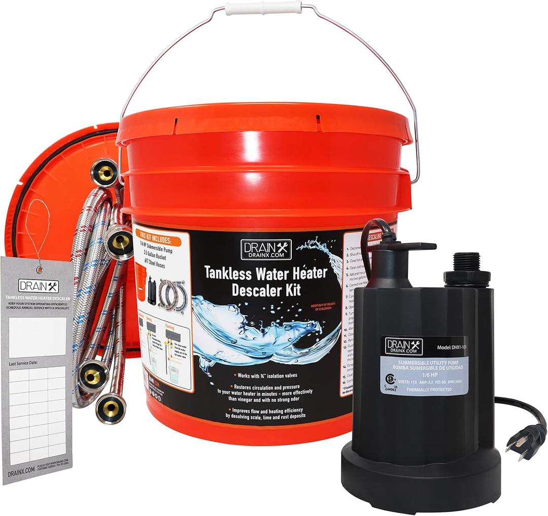 DrainX Tankless Water Heater Descaling Flush Kit - 3.5 Gallon Bucket, Heavy Duty 1/6 HP Pump, Steel Hoses, Maintenance Card, Instructions - Just add Vinegar or Descaler!