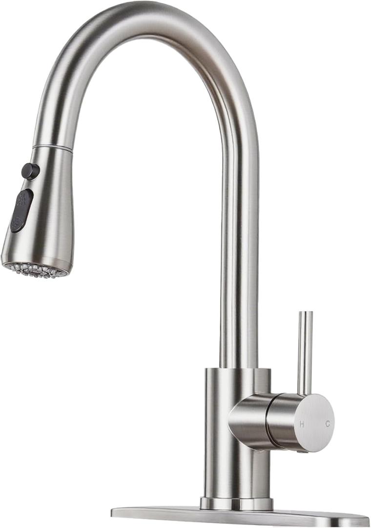 Kitchen Faucet with Pull Down Sprayer - Brushed Nickel Single Handle Kitchen Faucets, High Arc Stainless Steel Pull Out Kitchen Sink Faucet with Deck for RV Laundry Farmhouse