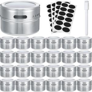 CHENGU 24 Pack Magnetic Spice Jars for Refrigerator 3 oz Magnetic Spice Containers Stainless Steel Seasoning Tins with Clear Lid, with Labels Marker and Pens for Grill Kitchen Fridge Rack Travel
