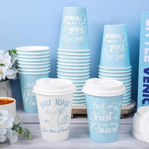 FYSUIMU 50 Pcs Last Toast on The Coast Disposable Coffee Cups with Lids 12Oz Blue Coastal Bachelorette Party Cups for Summer Beach Wedding Bridal Bridesmaid Party Favors