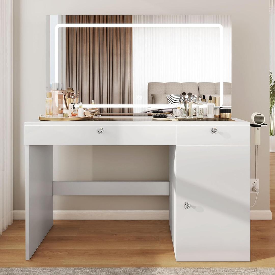 YITAHOME Large Vanity Desk with Mirror & Light, Power Outlet, Makeup Vanity Set with 2 Drawers and 3 Level Storage Dressers, 3 Lighting Modes Adjustable Brightness, Bedroom Dressing Table, White
