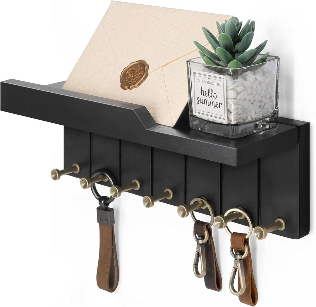 Rebee Vision Decorative Key Holder Wall Mount - Modern Key and Mail Holder for Wall with Shelf Organizer and 7 Sturdy Key Hooks for Apartment Essentials - Aesthetic Home Decor (Stylish Black) (Large - 12 Inch)