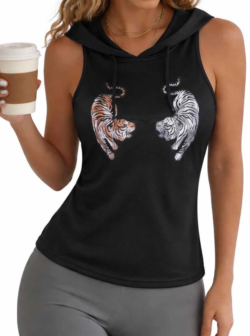 Remidoo Women's Graphic Sleeveless Hoodies Fitted Hooded Tank Tops Workout Shirt Black X-Large (Black, XL)