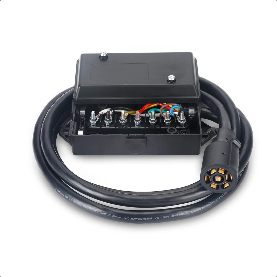 Cable Matters 7-Way Trailer Wire Harness 10ft with Junction Box in Black - Inline Trailer Cord with 7-Gang Junction Box and 8 Feet Cord