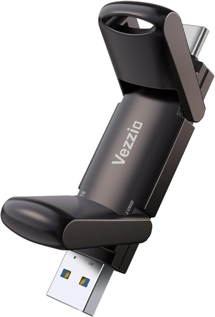 256GB Dual USB C Flash Drive,Vezzio External SSD Up to 1000MB/s 2-in-1 Type C + USB 3.2 Memory Stick, Thumb Drive Compatible with iPhone 15/16/17 Series/Android Phone/MacBook/Audio/Windows