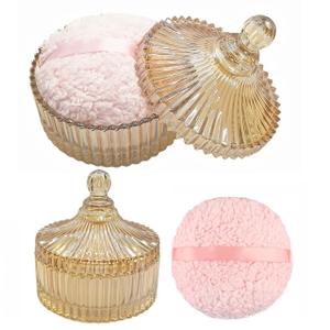 Extra Large Body Powder Puff and Container - Vintage Glass Dusting Powder Container with Soft Puff for Women & Girls (5.9x5.9x5.9 IN)-GRB010-Amber