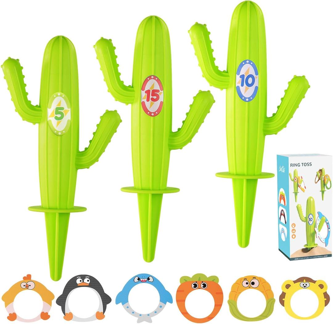 Mini Cactus Ring Toss Game for Toddlers Ages 1-5, Easter Basket Gift & Party Favor with 3 Stake Targets & 6 Animal Rings, Travel-Size Backyard Outdoor Camping Stocking Stuffer