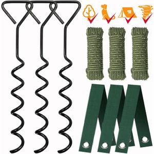 Tree Stake Kits, Tree Stakes and Supports Kits for Hurricane Protection & Bad Weather, Include 3 PCS 15.7" Heavy Duty Spiral Steel Tree Stakes, 3 PCS 15.8" Tree Straps and 3PCS 16.4FT Rope
