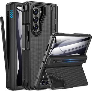 Caka for Samsung Galaxy Z Fold 5 Case [Thinner S Pen Holder] [Hidden Kickstand] [Hinge Protection] [Screen Protector] Full Body Hard Shockproof Phone Cover with Anti-Slip Textured for Fold5 - Black
