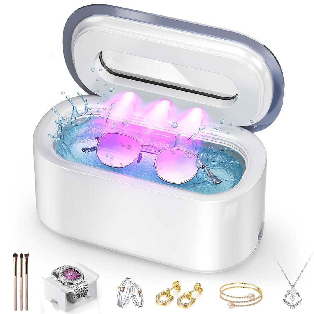 Ultrasonic Jewelry Cleaner, 48KHz Professional Jewelry Cleaner Ultrasonic Machine with Digital Timer, 30W Ultrasonic Cleaner for Necklaces, Eyeglasses, Rings, Dentures, Watch Strap (White)