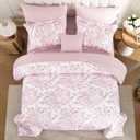 WONGS BEDDING King Size Comforter Set, 8 Pieces Pink Floral Bed in a Bag Comforter Sets, Botanical Print Soft Fluffy Microfiber Complete Bedding Sets for All Season (90"x104")