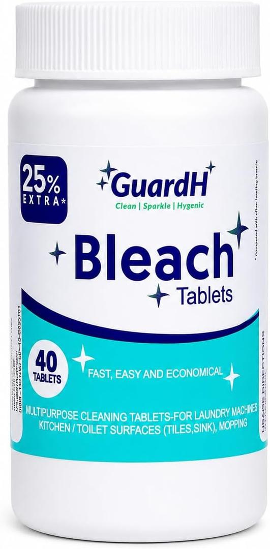 Bleach Tablets for Laundry & Household Cleaning – 40 Count Fast Dissolving Bleach Tabs for Washer, Toilet, Bathroom & Kitchen – Liquid Bleach Alternative – GuardH