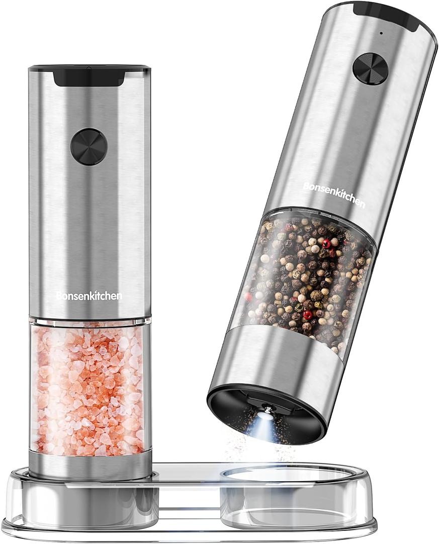 Bonsenkitchen Electric Salt and Pepper Grinder Set, 95ml Large Capacity, Clean Brush, Stainless Steel Adjustable Pepper Mill with LED for Kitchen, BBQ & Camping, Battery Powered (Not Included) (Silver)