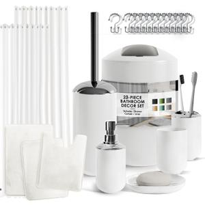 Clara Clark Bathroom Set - White Bathroom Accessories Set, Bathroom Sets with Shower Curtain and Rugs, 23PC Shower Curtain Set with Liner, Soap Dispenser, Soap Dish, Toilet Brush Holder, and Trash Can