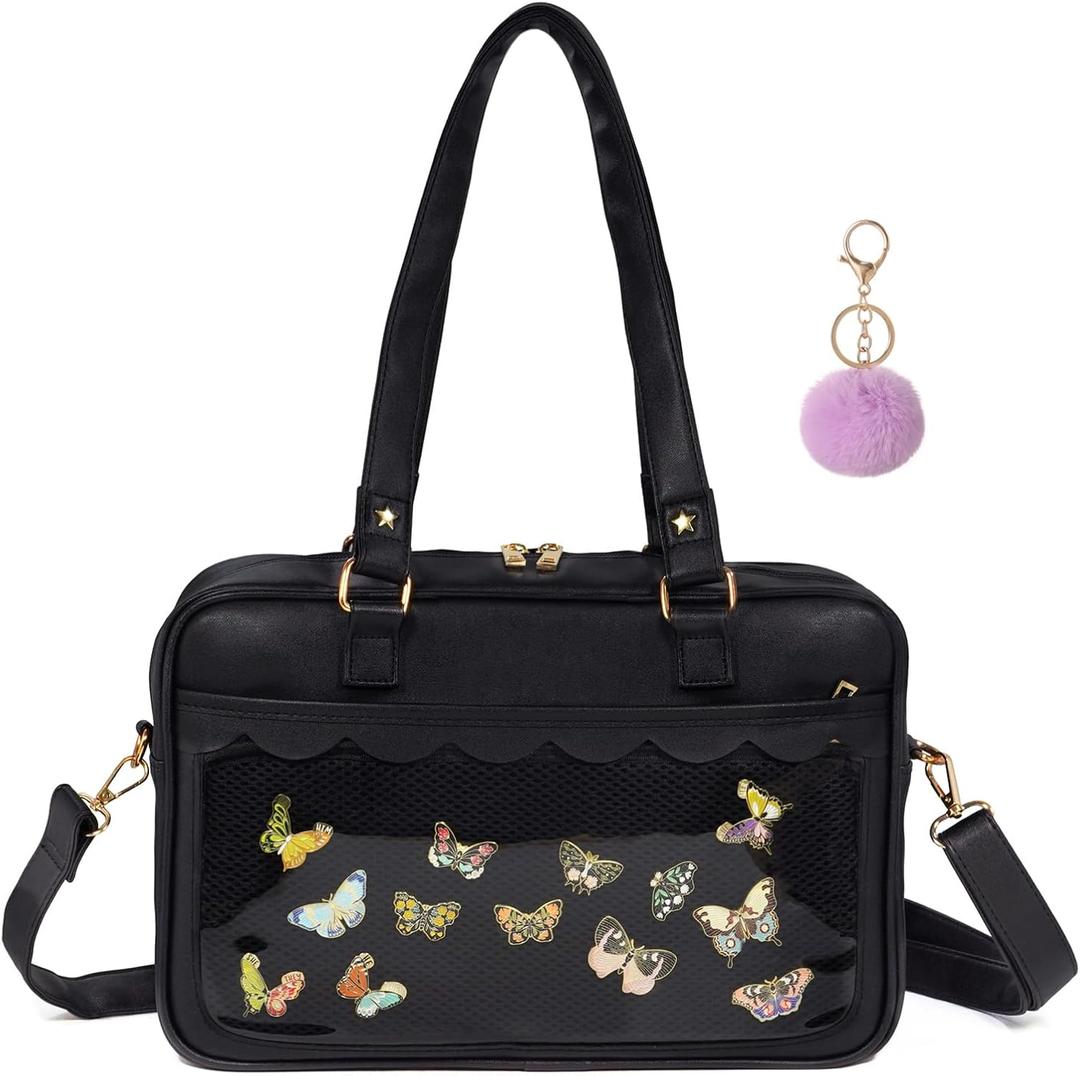 Ita Purse Crossbody Japanese Shoulder Bag Messenger Pin Display with Insert Pompom Cute Kawaii (Medium Size,black)