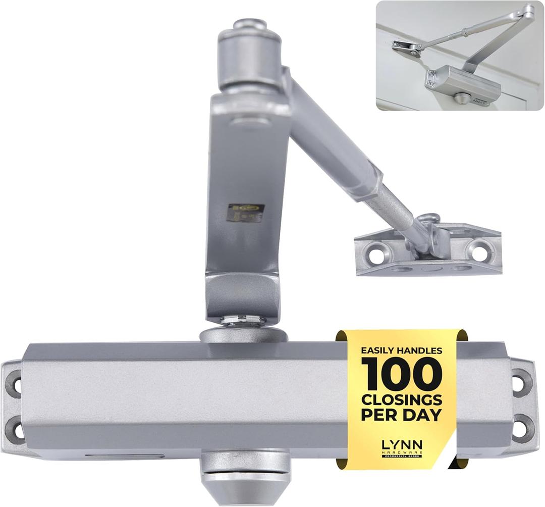 LYNN HARDWARE Medium Duty Automatic Door Closer (Silver) - Highly Durable Cast Aluminum, Commercial or Home Use, Adjustable Speed Controls, 3 Mounting Options, 3 Hour Fire Rated (DC6003 Model)