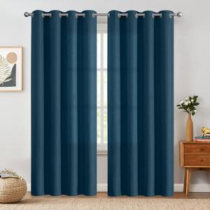 jinchan Linen Textured Room Darkening Curtain 90 Inch Long for Living Room Room Darkening Thermal Insulated Grommet Top Window Drape for Bedroom 52x90 Blue 1 Panel