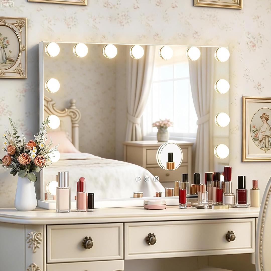Ratsamee Hollywood Vanity Mirror with Lights, 23" x 18", 15 Dimmable Bulbs, 3 Color Lights, Make Up Lighted Mirror, USB Charging Port, Gifts for Women Wife Teengirls White