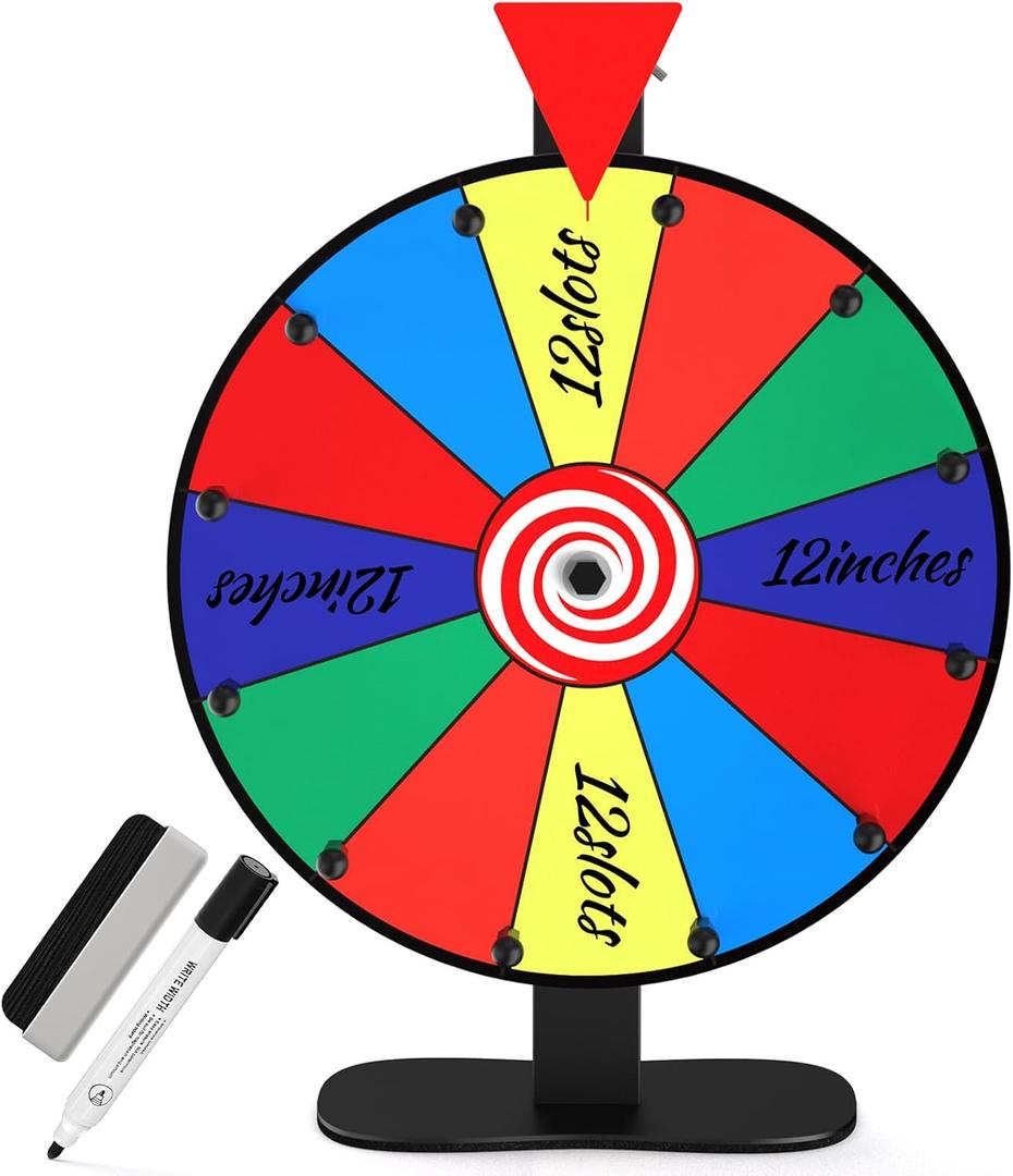 12-Inch Color Prize Wheel, 12 Slot Editable Spinning Wheel with Dry Erase Board & Marker for Parties, Carnivals, Tradeshow Booths, Classroom Games