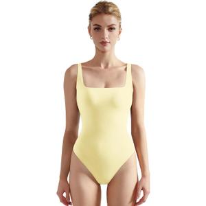 SUUKSESS Women Sexy Square Neck Thong Bodysuit Backless Sleeveless Tank Tops Body Suit (Pale Yellow, L)