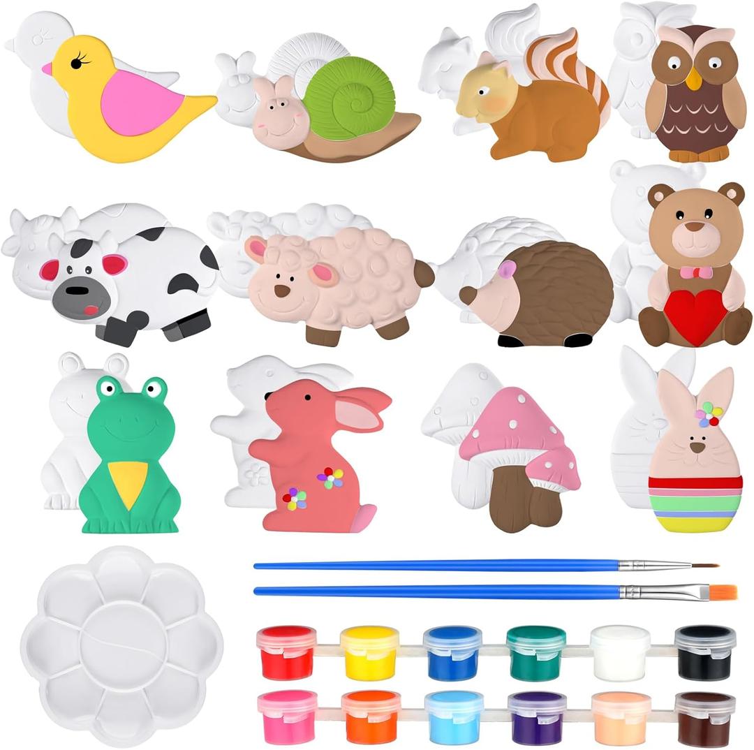 Sinmoe 12 Sets Arts and Crafts Set Painting Kit Unpainted DIY Ceramic Figurines Paint Your Own Figurines with 12 Magnet 2 Brushes and 1 Palette Ceramic Painting Kit for Adults (Animal)