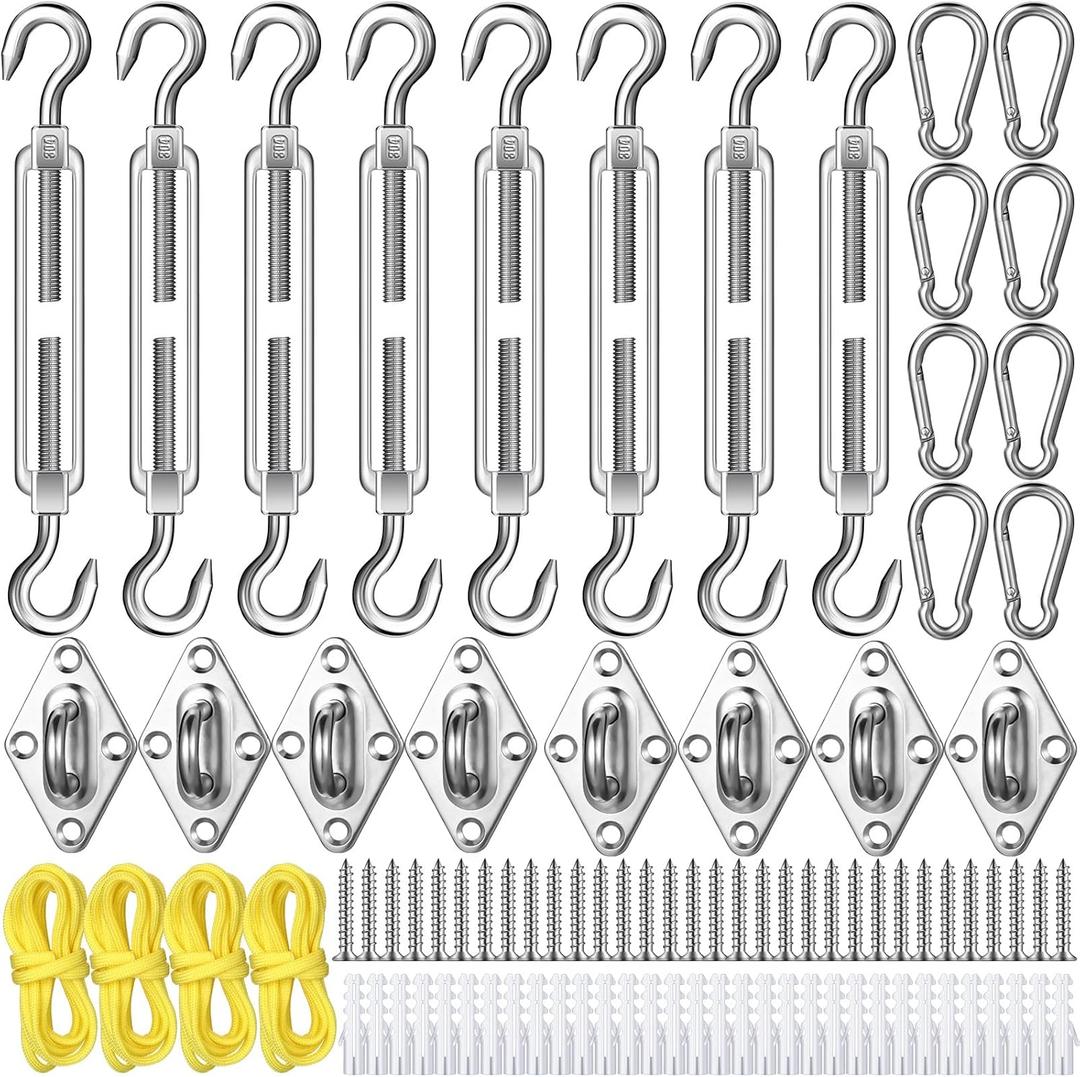 Tandefio 92 Pcs Sun Shade Sail Hardware Kit Heavy Duty Anti Rust Retractable Stainless Steel Outdoor Shade Sail for Triangle Rectangle Installation (Silver)