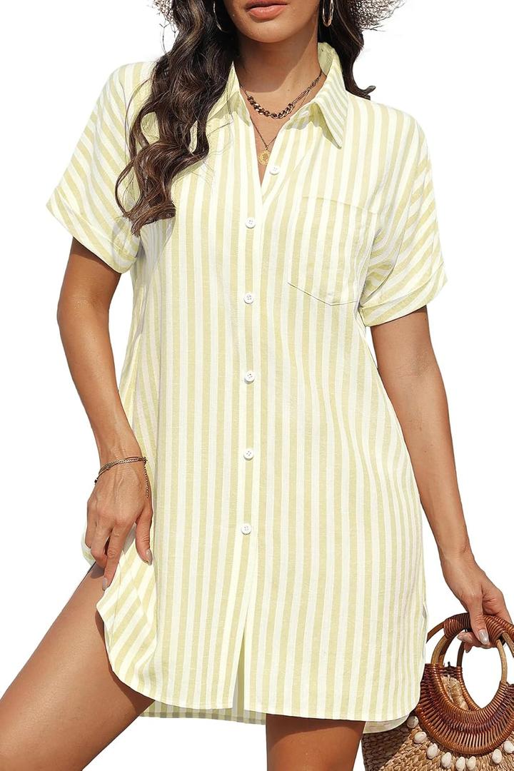 Yonique Women Swimsuit Coverup Shirt - Button Down Bathing Suit Cover Ups Striped Beach Dress 2026 (Beige, S)