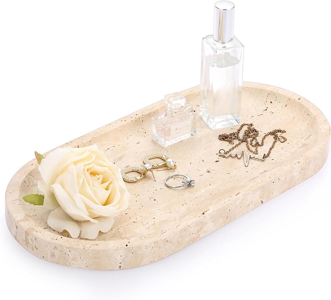 ELLDOO 12" Natural Beige Travertine Vanity Tray, Luxury Decorative Tray for Bathroom Dresser Nightstand, Vintage Oval Storage Dish for Perfume Jewelry Candles, Home Decor