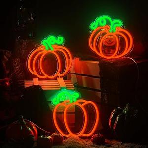 Treela 3 Pcs Fall Pumpkin Window Lights Halloween Neon Light Thanksgiving Neon Sign LED Light up Pumpkin Decor for Bedroom Home Kitchen Harvest Decorations (Orange green)