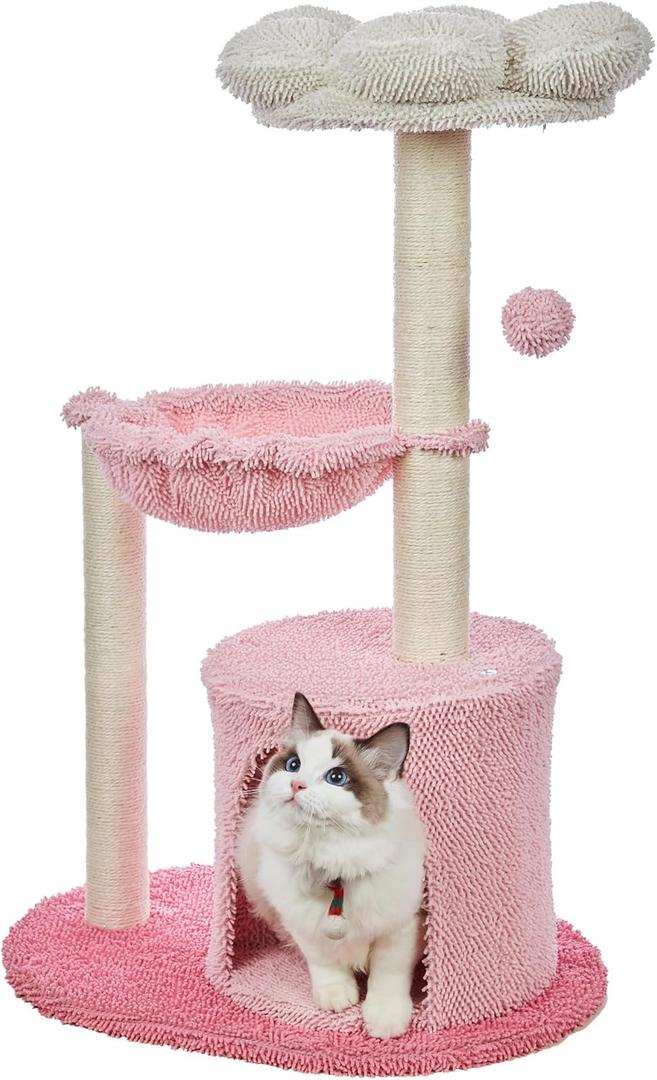 GRANNY SAYS Pink Cat Trees, 35 Inches Cat Tower for Indoor Cats, Cozy Condo, Natural Sisal Cat Scratching Post, Comfy Cat Hammock and Dangling Ball, Medium (Cloud-White)