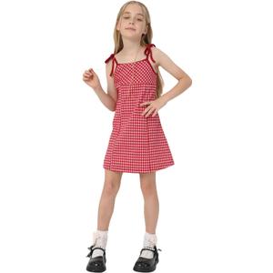 ORQUWEH Girl's Summer Dress, Mini Checkered Dress Sleeveless for Girl 8-9 Years, Gingham Sling Strap Princess Short Sundress Beach Casual Vacation, Red, 130