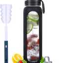 Glass Water Bottles 32oz with Silicone Sleeve Drinking Hydration Bottles Reusable Borosilicate Wide Mouth Motivational Water Flask Canteen with Time Marker Spout Lid and Brush