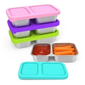 SOPHICO Stainless Steel 2 compartments Containers, Reusable Snack Containers with Silicone Lids Lunch Box for Meal Prep Food Storage On-the-Go Snacking(4 pack)