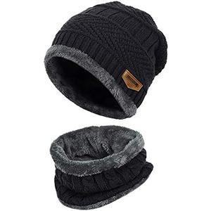 2-Pieces Hat and Scarf Set Winter Beanie Black