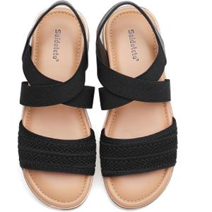 Saidoteto Women's Wide Width Flat Sandals,Comfortable Elastic Ankle Strap Slingback Slip-On Open Toe Low Wedge Walking Sandals for Summer & Casual, Size: 12