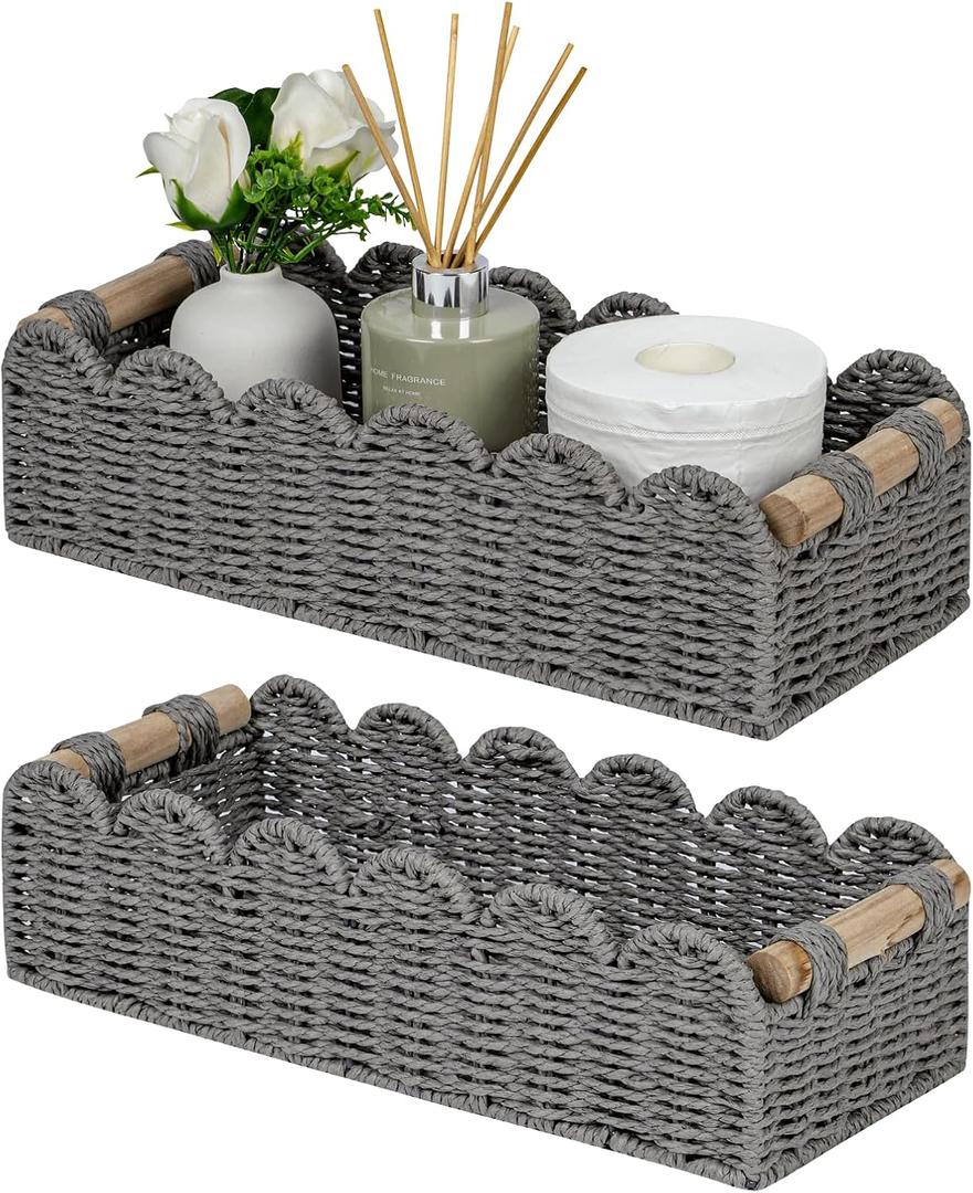 CubesLand Bathroom Basket Organizer, Toilet Tank Paper Storage Baskets 2-Pack, Scalloped Decorative Basket for Countertop w/Handle, Wicker Basket for Bathroom Decor, Home Decor, Living Room, Grey (14"D x 6.3"W x 3.9"H)