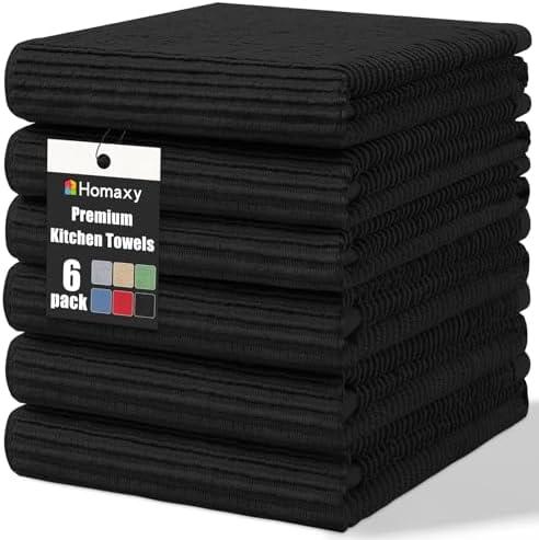Homaxy Premium Kitchen Towels (18"x 28", 3 Pack), Large 100% Cotton Kitchen Hand Towels, Ultra Absorbent Ribbed Terry Tea Towels Set with Hanging Loop, Black