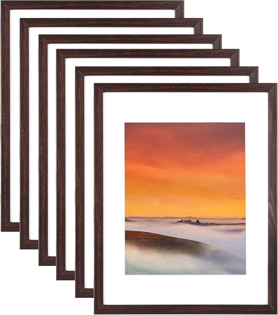 11x14 Picture Frame Set of 6, Display Pictures 8x10 with Mat or 11x14 Without Mat for Wall Tabletop Vertical Horizontal Display, Wall Gallery Photo Frames, Brown