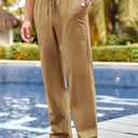 PASLTER Men's Cotton Linen Pants Elastic Waist Drawstring Casual Trouser Lightweight Straight-Legs Loose Beach Yoga Pants (Brown, L)