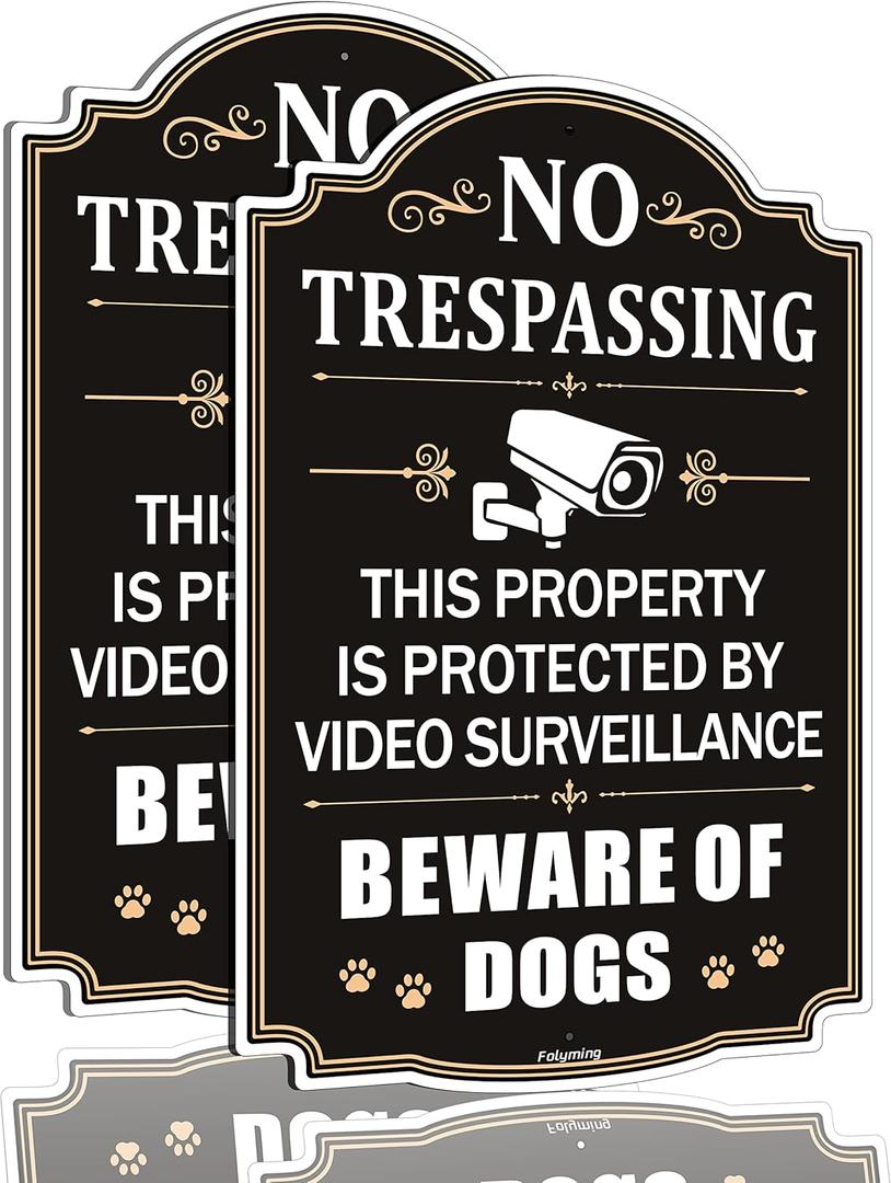 2 Pack No Trespassing This Property is Protected by Video Surveillance Beware of Dogs Signs 12 x 8 inches Metal Reflective Sturdy Rust Aluminum Weatherproof Easy to Install Cuidado Con Los Perros