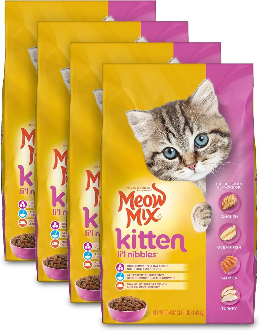 Meow Mix Kitten Li'L Nibbles Dry Cat Food, 3.15 Pound Bag (Pack of 4), BB Mar 20, 2027