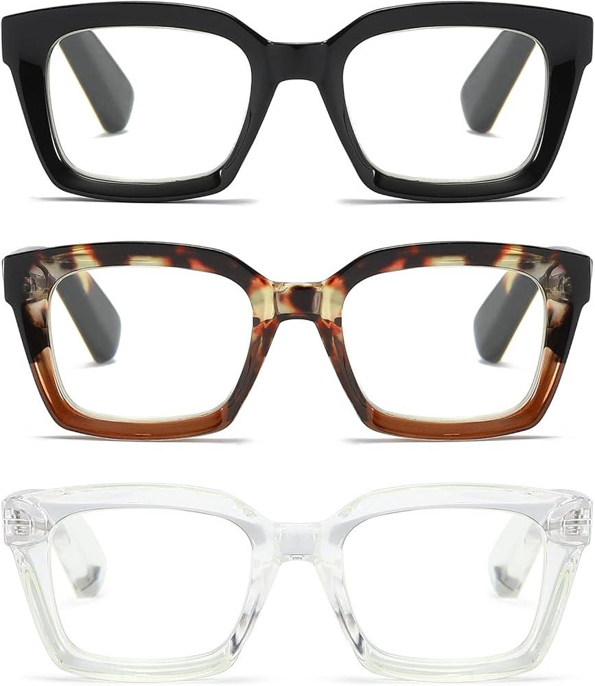 3 Pack Oversize Square Design Reading Glasses for Women, Blue Light Blocking Reader (2.0 x, Black & Leopard & Transparent) 