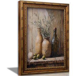 Vintage Gold Framed Wall Art Rustic Still Life Canvas Wall Decor Vintage Olive & Ceramic Vase Oil Painting Print Antiqu Kitchen Still Life Picture Artwork for Farmhouse Dining Room Decor 16x24in