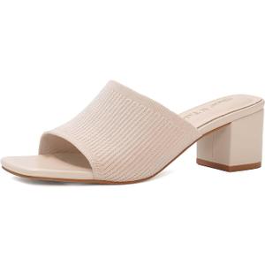 Shoe'N Tale Heeled Sandals For Women Square Open Toe Heeled Mules Chunky Block Low Heel Slip On Slides (10, Beige)