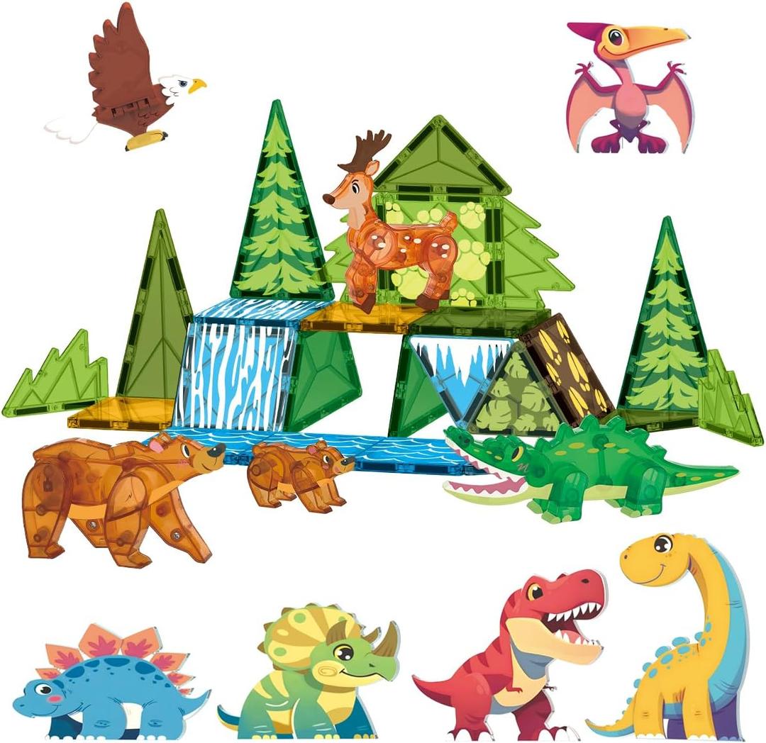 Magnetic Tiles Animals & Dinosaurs Toys, STEM Educational Building Blocks, Sensory Set 35 PCS for Toddlers Kids Ages 3-5 5-7, Boys Girls Birthday Gift Age 3+
