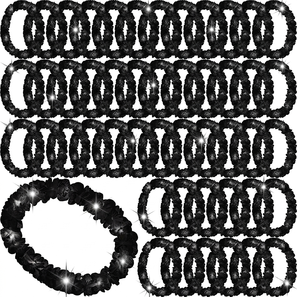 Sherr 48 Pcs LED Hawaiian Leis Light up Flower Leis Necklace with LED Lights Luau Flowers Necklaces for Masquerade Beach Wedding Tropical Themed Party Supplies(Black)