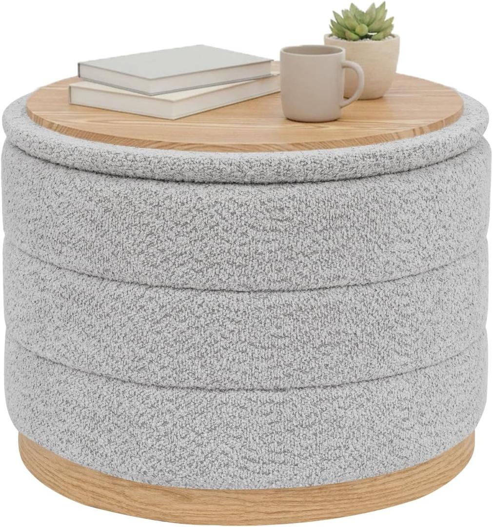 B FSOBEIIALEO Round Storage Ottoman with Tray, Folding Ottoman with Storage Coffee Table Foot Rest for Dorm Room Living Room Chenille Fabric,Wood-Grain Leather Base,Sliver Grey,22.83"x22.83"x17.34"