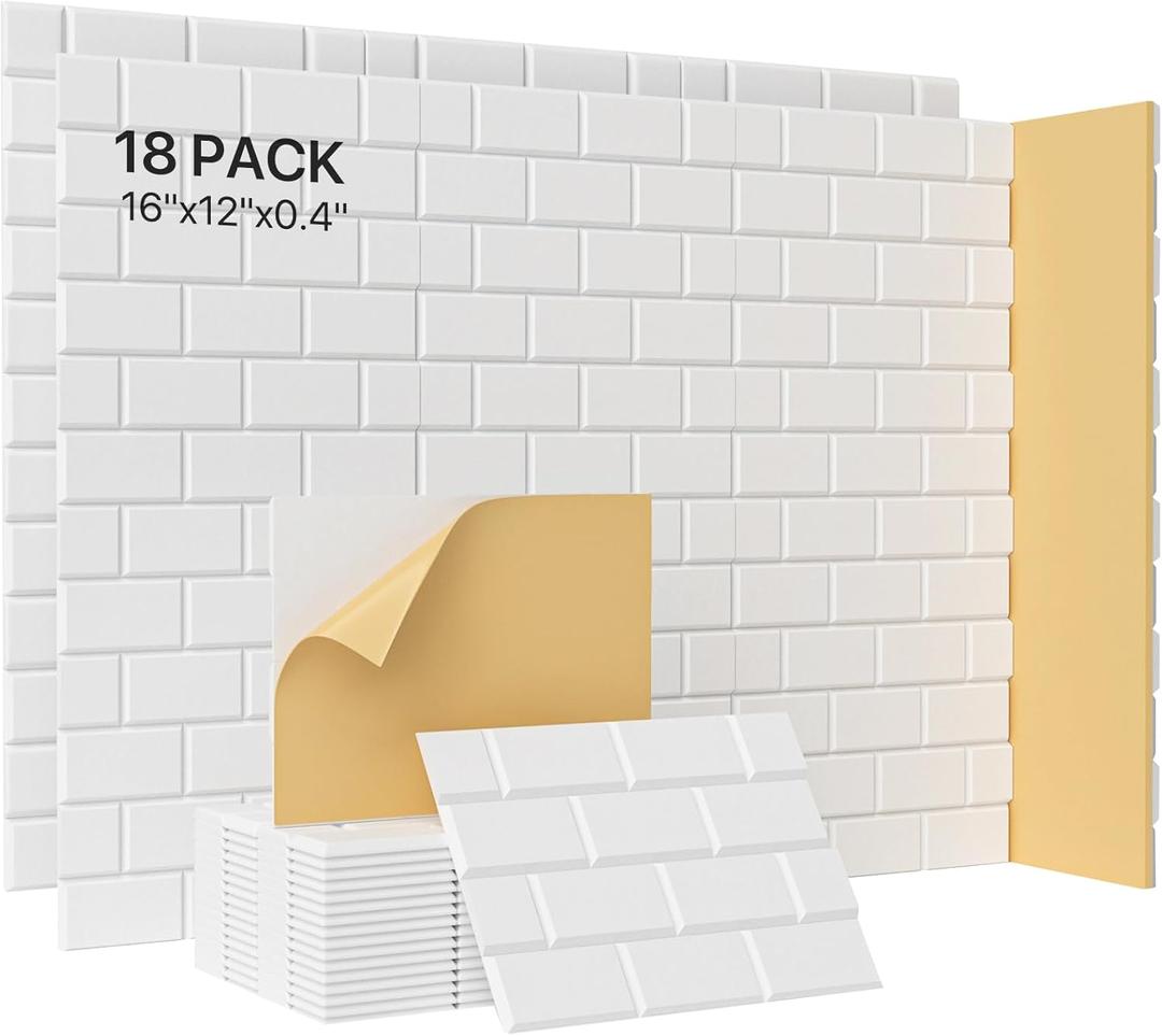 Acoustic Wall Panels, Peel and Stick Sound Absorbing Panel for Ceiling, Door, Pared, 18 Pack 16"x12"x0.4",Brick Pattern White Decorative Self Adhesive Wall Tiles for Recording Studio, Room