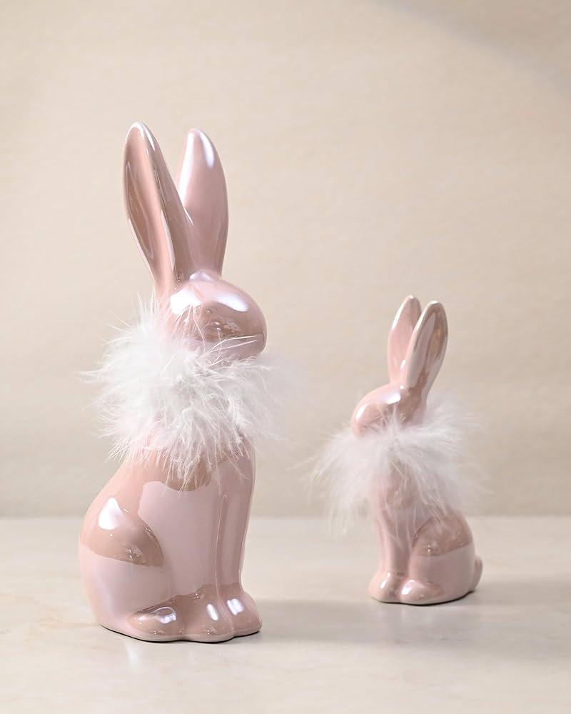 RM ROOMERS Easter 2PCS Bunny Figurine Decor Pink and White Ceramic Rabbit Statues with Fluff on Neck Plush Easter Porcelain Decoration for Home Tabletop Farmhouse Wedding Spring Gifts