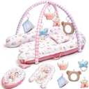Pink Baby Play Mat, 7-in-1 Infant Gym Mat for Sensory and Motor Development, Washable & Portable Newborn Tummy Time Activity Mat for Home & Travel, Babies Gift for 0-3-6-9-12-18 Months